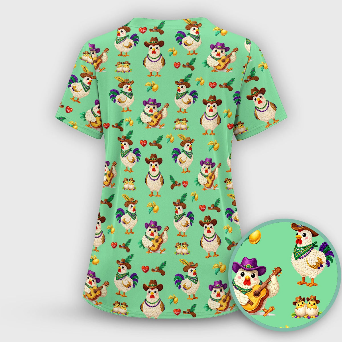 Funny Mardi Gras Rooster Cowboy Print Scrub Top, Comfortable Scrubs for Nurses