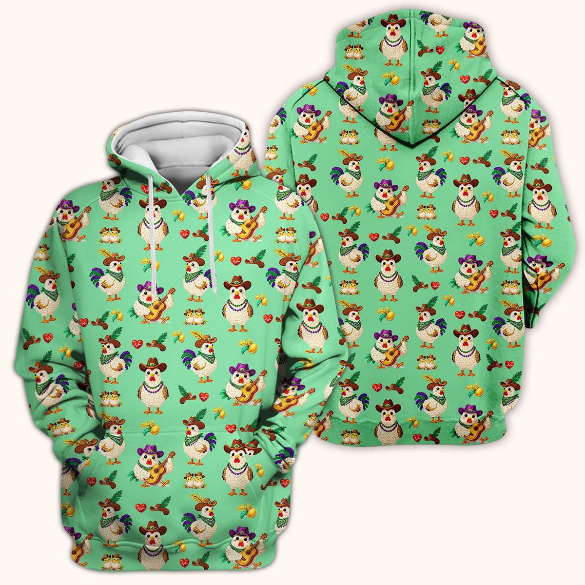 Funny Mardi Gras Rooster Cowboy Print Scrub Top, Comfortable Scrubs for Nurses