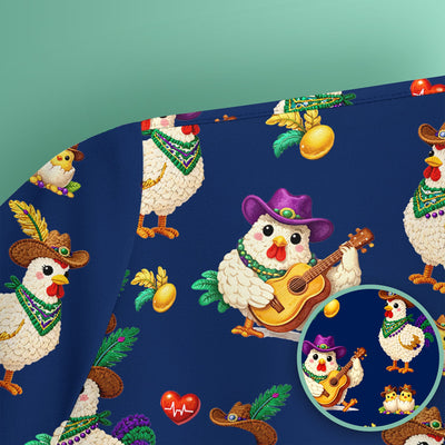 Funny Mardi Gras Rooster Cowboy Print Scrub Top, Comfortable Scrubs for Nurses