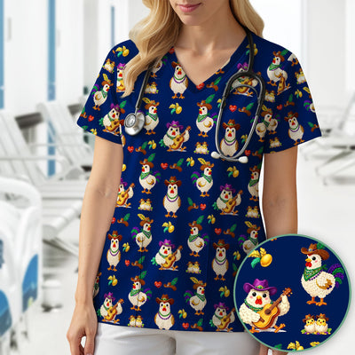 Funny Mardi Gras Rooster Cowboy Print Scrub Top, Comfortable Scrubs for Nurses