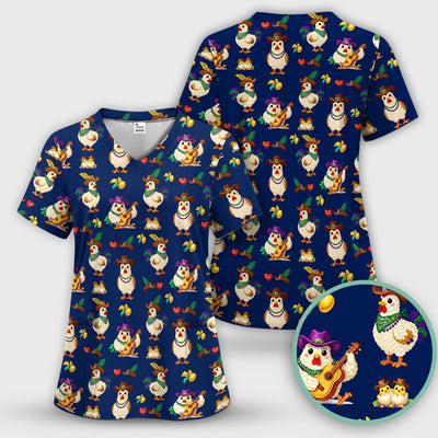 Funny Mardi Gras Rooster Cowboy Print Scrub Top, Comfortable Scrubs for Nurses