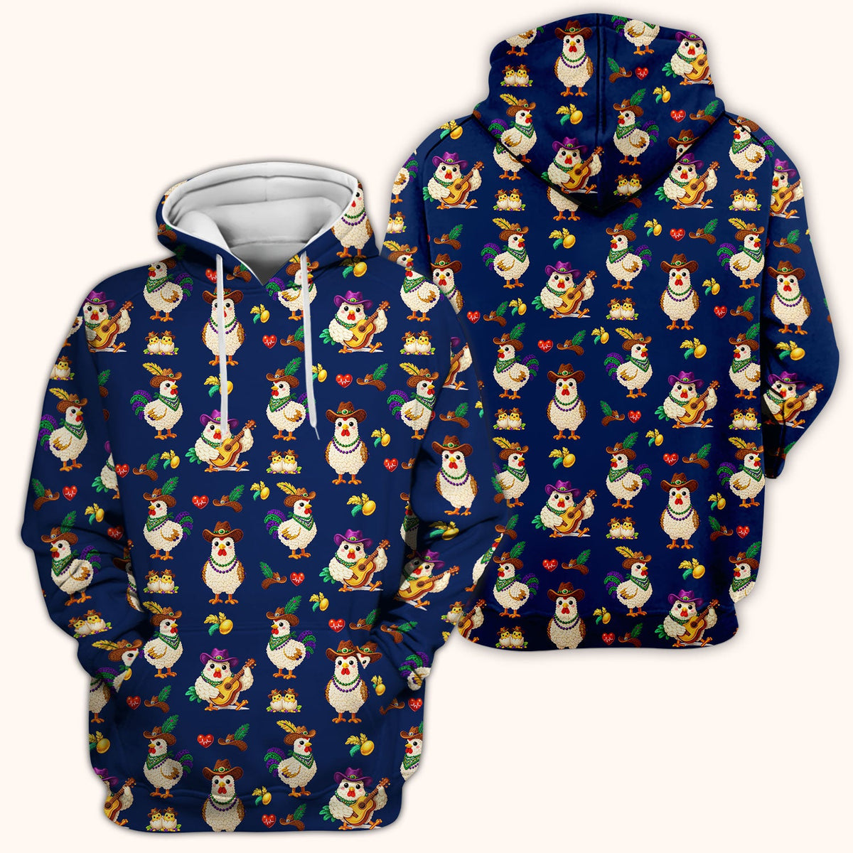Funny Mardi Gras Rooster Cowboy Print Scrub Top, Comfortable Scrubs for Nurses