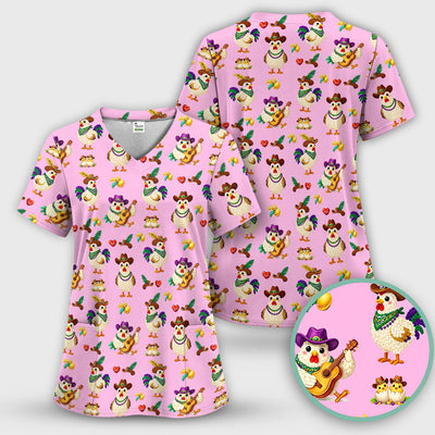 Funny Mardi Gras Rooster Cowboy Print Scrub Top, Comfortable Scrubs for Nurses