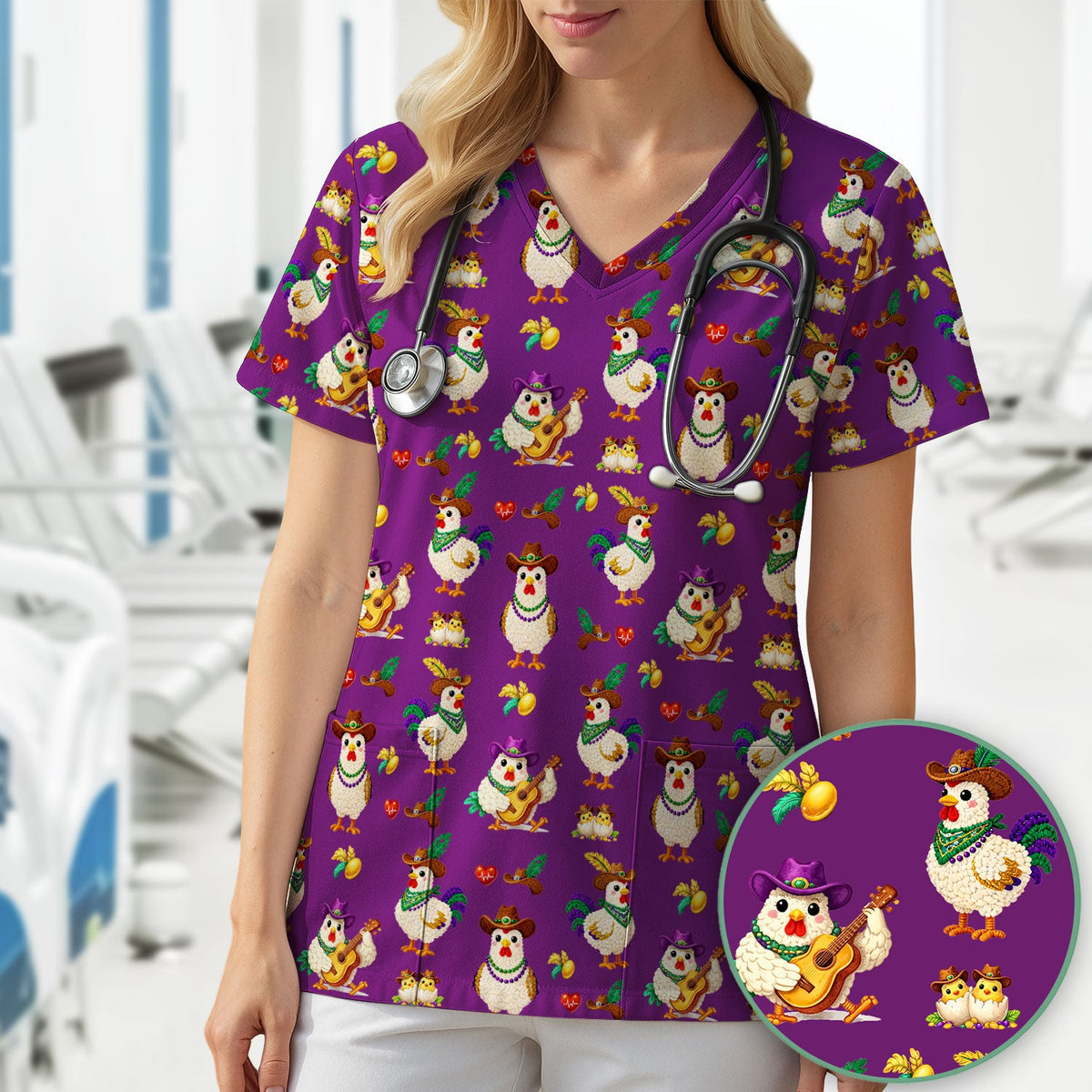 Funny Mardi Gras Rooster Cowboy Print Scrub Top, Comfortable Scrubs for Nurses