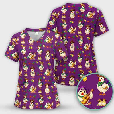 Funny Mardi Gras Rooster Cowboy Print Scrub Top, Comfortable Scrubs for Nurses