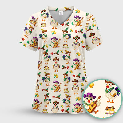 Funny Mardi Gras Rooster Cowboy Print Scrub Top, Comfortable Scrubs for Nurses