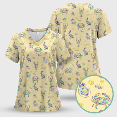 Mardi Gras Seafood Nurse Scrub Top, Comfortable Uniform Scrubs For Nursing