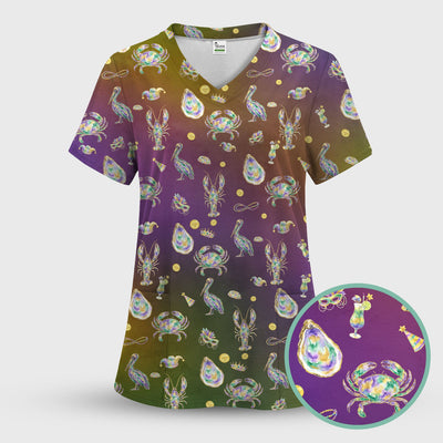 Mardi Gras Seafood Nurse Scrub Top, Comfortable Uniform Scrubs For Nursing