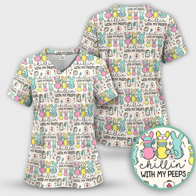 Cute Bunny Nurse Chillin With My Peeps Scrub Top, Comfortable Scrubs for Nurses, Easter