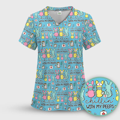 Cute Bunny Nurse Chillin With My Peeps Scrub Top, Comfortable Scrubs for Nurses, Easter