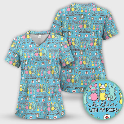 Cute Bunny Nurse Chillin With My Peeps Scrub Top, Comfortable Scrubs for Nurses, Easter