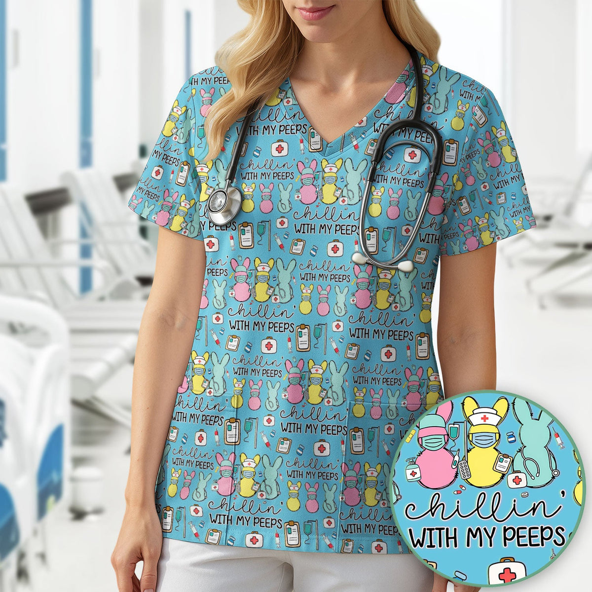 Cute Bunny Nurse Chillin With My Peeps Scrub Top, Comfortable Scrubs for Nurses, Easter