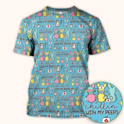 Cute Bunny Nurse Chillin With My Peeps Scrub Top, Comfortable Scrubs for Nurses, Easter