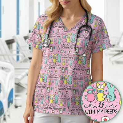Cute Bunny Nurse Chillin With My Peeps Scrub Top, Comfortable Scrubs for Nurses, Easter