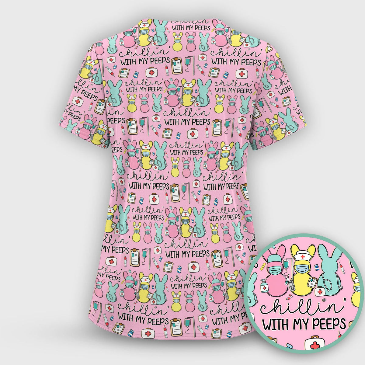 Cute Bunny Nurse Chillin With My Peeps Scrub Top, Comfortable Scrubs for Nurses, Easter