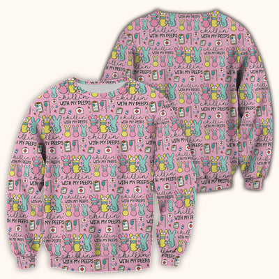 Cute Bunny Nurse Chillin With My Peeps Scrub Top, Comfortable Scrubs for Nurses, Easter
