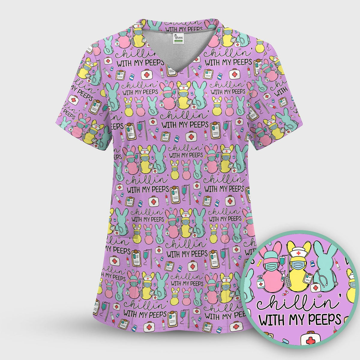 Cute Bunny Nurse Chillin With My Peeps Scrub Top, Comfortable Scrubs for Nurses, Easter