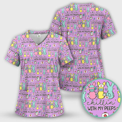 Cute Bunny Nurse Chillin With My Peeps Scrub Top, Comfortable Scrubs for Nurses, Easter