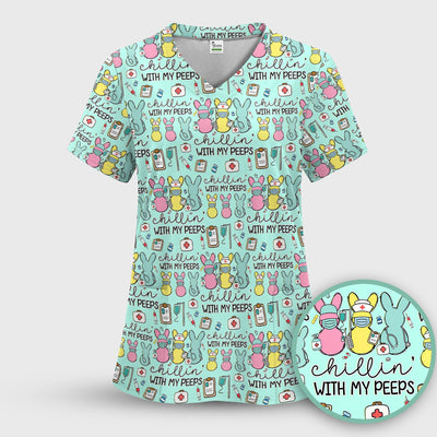Cute Bunny Nurse Chillin With My Peeps Scrub Top, Comfortable Scrubs for Nurses, Easter