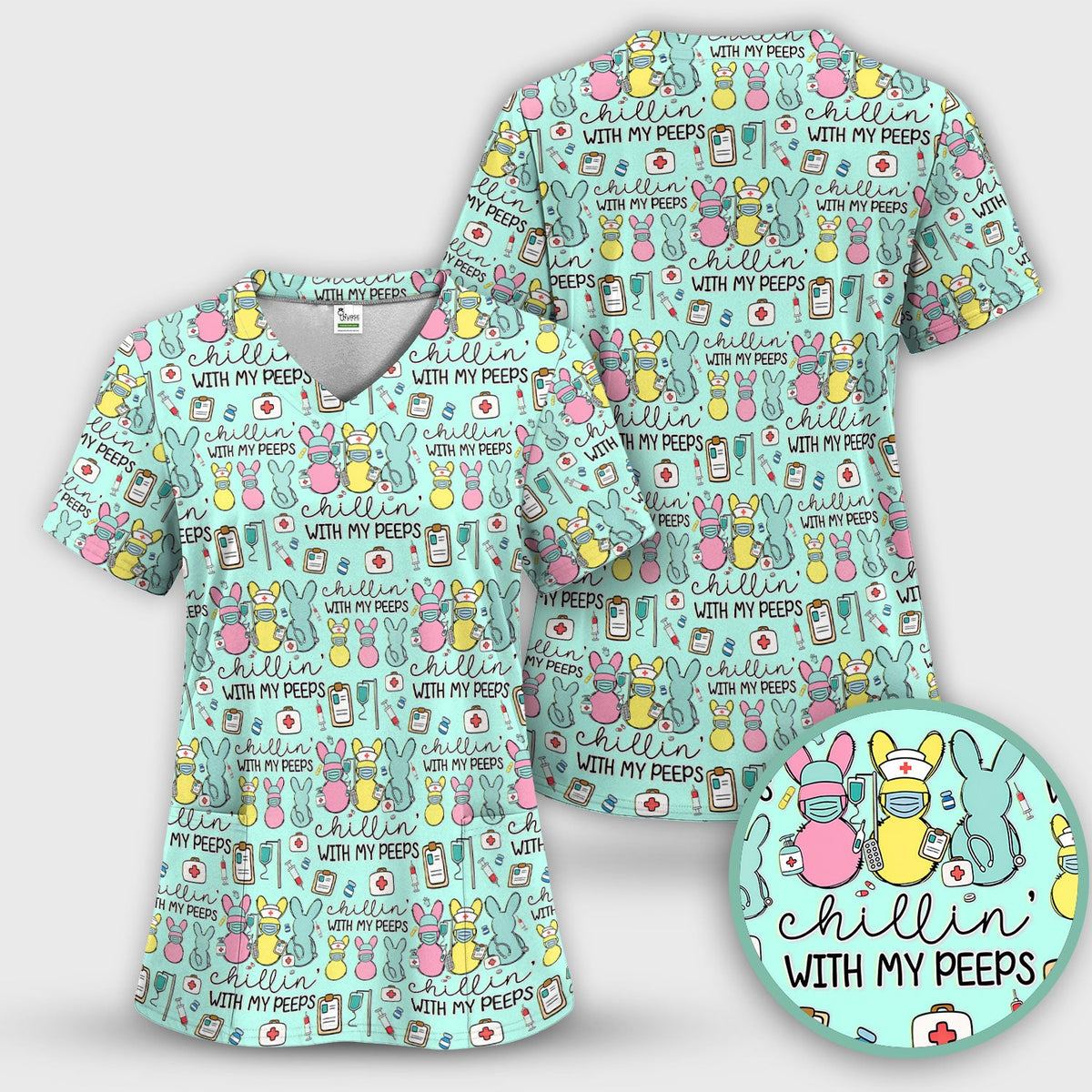 Cute Bunny Nurse Chillin With My Peeps Scrub Top, Comfortable Scrubs for Nurses, Easter
