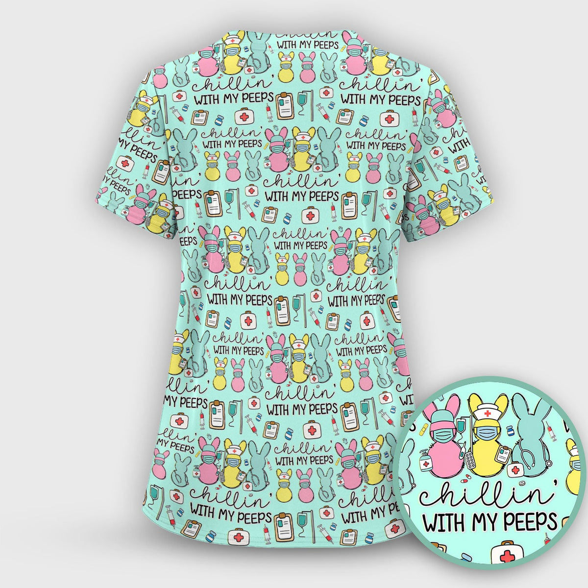 Cute Bunny Nurse Chillin With My Peeps Scrub Top, Comfortable Scrubs for Nurses, Easter
