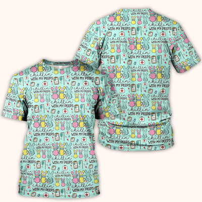 Cute Bunny Nurse Chillin With My Peeps Scrub Top, Comfortable Scrubs for Nurses, Easter