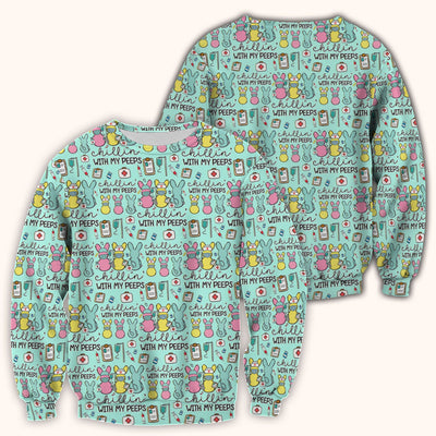 Cute Bunny Nurse Chillin With My Peeps Scrub Top, Comfortable Scrubs for Nurses, Easter