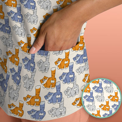 Cute Cartoon Cat Pattern Scrub Top for Nurses, Comfortable Scrubs for Nurses
