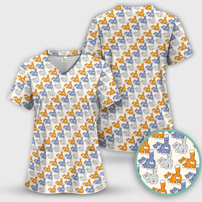 Cute Cartoon Cat Pattern Scrub Top for Nurses, Comfortable Scrubs for Nurses