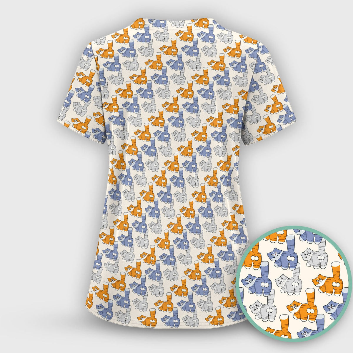 Cute Cartoon Cat Pattern Scrub Top for Nurses, Comfortable Scrubs for Nurses