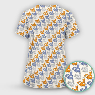 Cute Cartoon Cat Pattern Scrub Top for Nurses, Comfortable Scrubs for Nurses