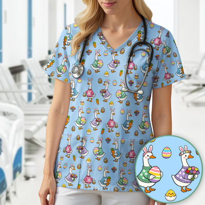 Cute Easter Goose Pattern Scrub Top, Breathable Fabrics Nursing Uniform