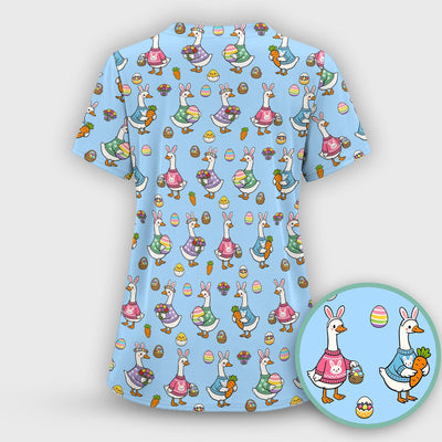 Cute Easter Goose Pattern Scrub Top, Breathable Fabrics Nursing Uniform