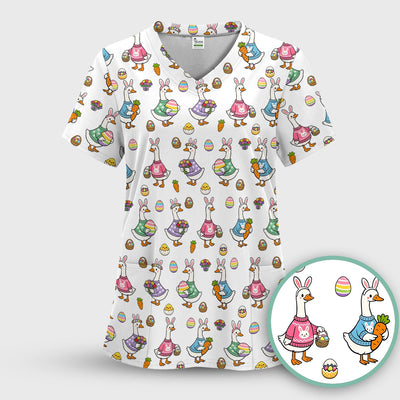 Cute Easter Goose Pattern Scrub Top, Breathable Fabrics Nursing Uniform