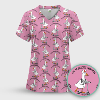 Nurse Goose Scooter Print Scrub Top, Breathable Fabrics Nursing Uniform