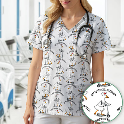 Nurse Goose Scooter Print Scrub Top, Breathable Fabrics Nursing Uniform