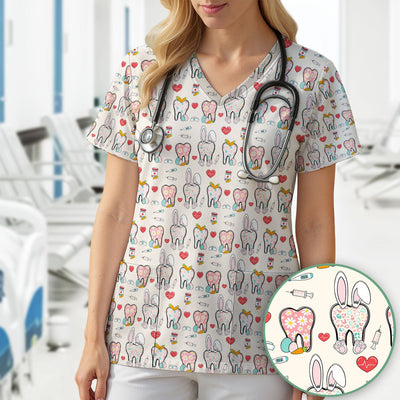 Playful Bunny Dentist Illustration Medical Scrub Top, Comfortable Scrubs for Nurses, Easter