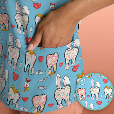Playful Bunny Dentist Illustration Medical Scrub Top, Comfortable Scrubs for Nurses, Easter