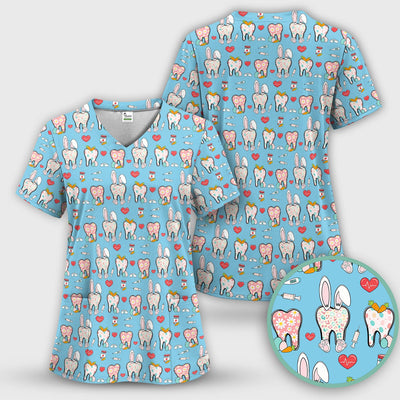Playful Bunny Dentist Illustration Medical Scrub Top, Comfortable Scrubs for Nurses, Easter