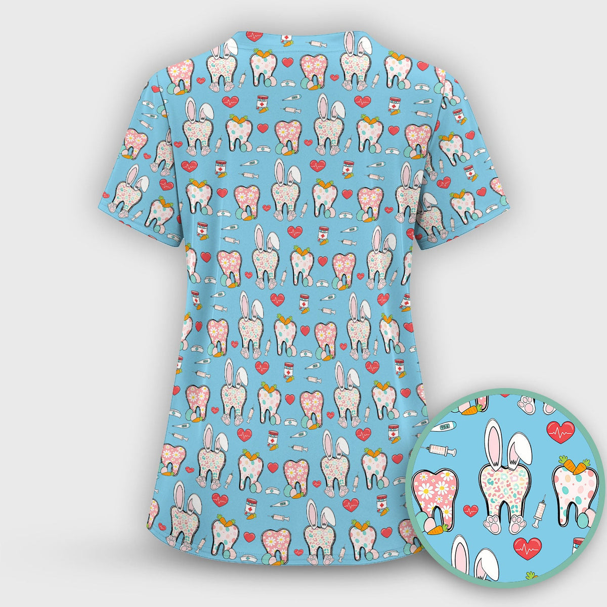 Playful Bunny Dentist Illustration Medical Scrub Top, Comfortable Scrubs for Nurses, Easter