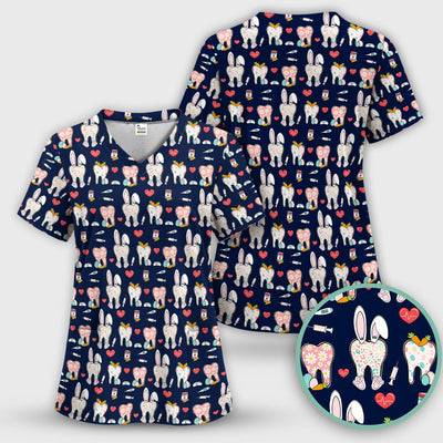 Playful Bunny Dentist Illustration Medical Scrub Top, Comfortable Scrubs for Nurses, Easter