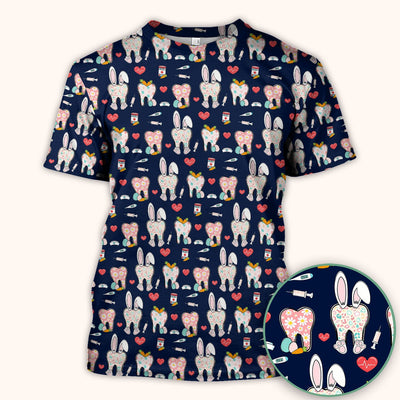 Playful Bunny Dentist Illustration Medical Scrub Top, Comfortable Scrubs for Nurses, Easter