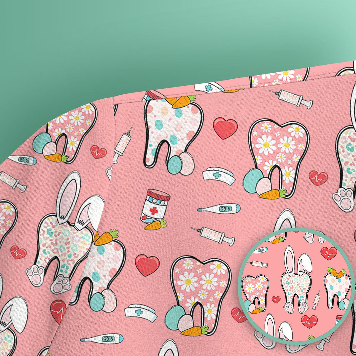 Playful Bunny Dentist Illustration Medical Scrub Top, Comfortable Scrubs for Nurses, Easter