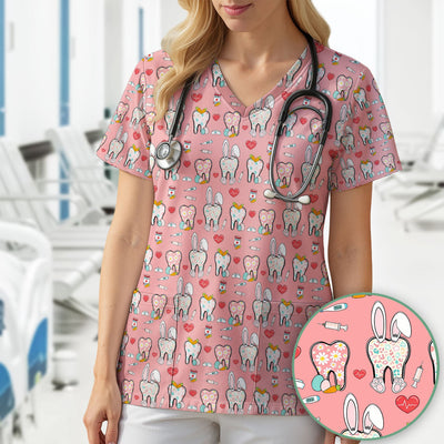 Playful Bunny Dentist Illustration Medical Scrub Top, Comfortable Scrubs for Nurses, Easter