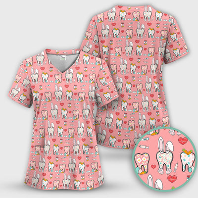Playful Bunny Dentist Illustration Medical Scrub Top, Comfortable Scrubs for Nurses, Easter