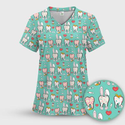 Playful Bunny Dentist Illustration Medical Scrub Top, Comfortable Scrubs for Nurses, Easter