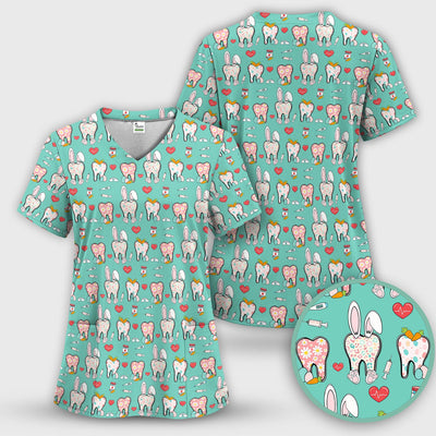 Playful Bunny Dentist Illustration Medical Scrub Top, Comfortable Scrubs for Nurses, Easter