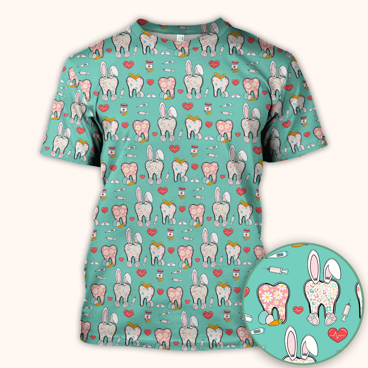 Playful Bunny Dentist Illustration Medical Scrub Top, Comfortable Scrubs for Nurses, Easter