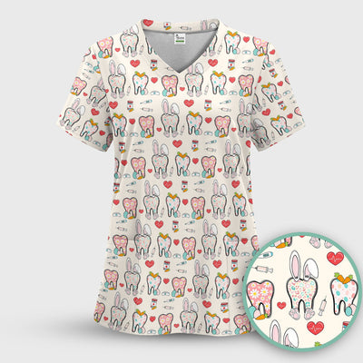Playful Bunny Dentist Illustration Medical Scrub Top, Comfortable Scrubs for Nurses, Easter