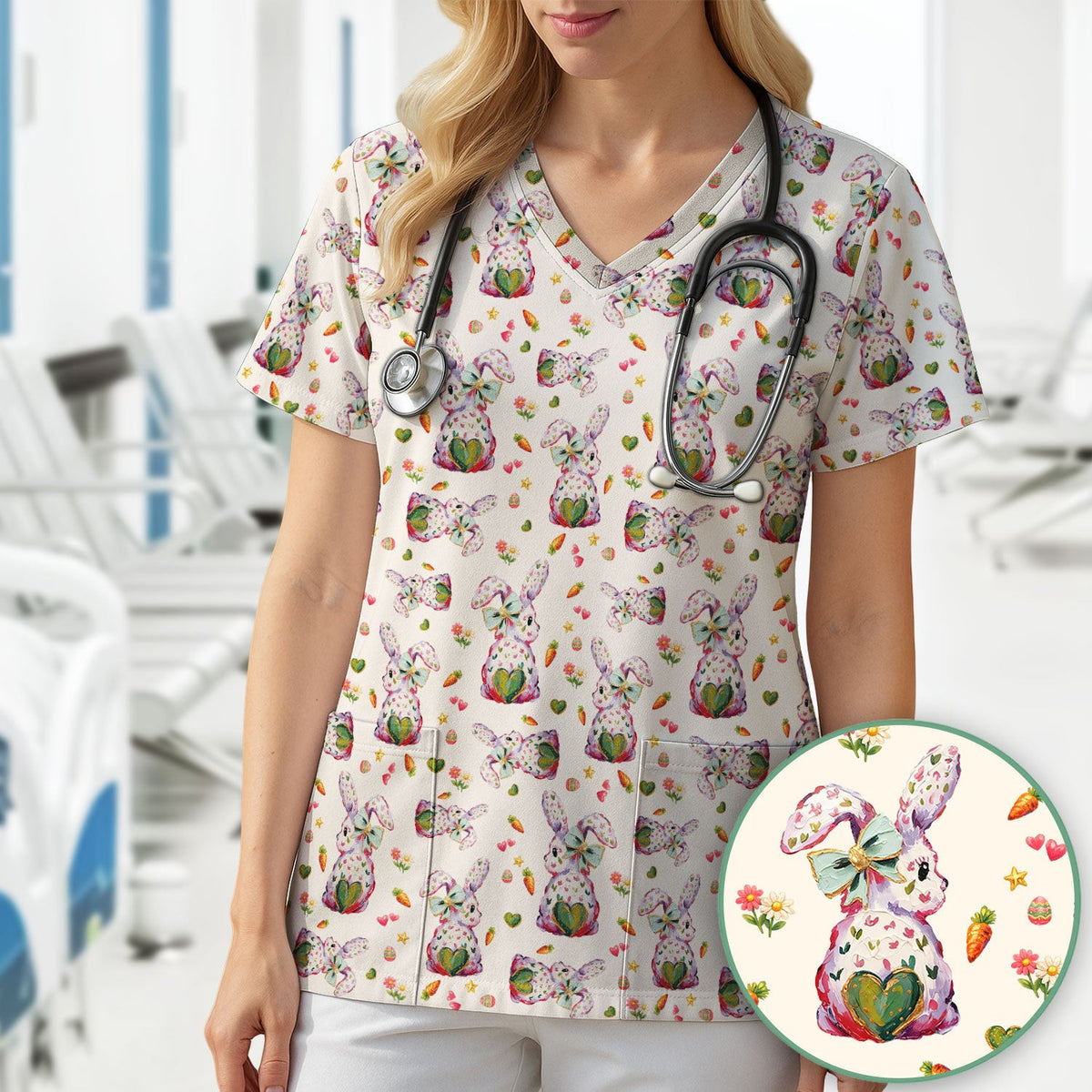 Cute Pastel Bunny Easter Pattern Scrub Top, Comfortable Scrubs for Nurses
